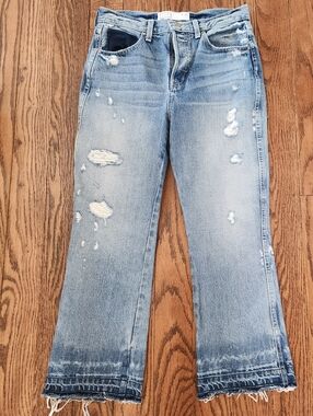 AYR The Pop Jeans Crop 28 High Rise Distressed Patchwork Edgy Designer Button Fl